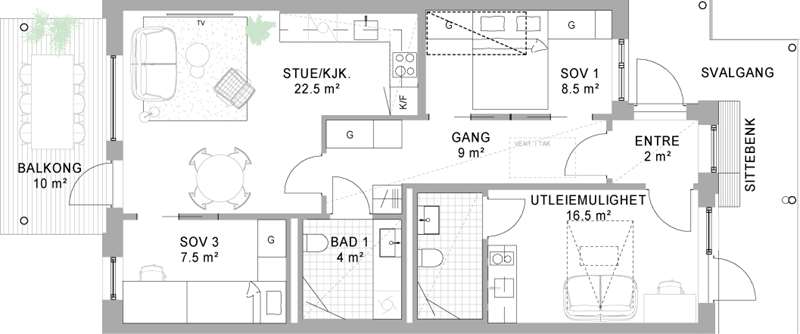 Alternativ planløsning med utleiedel, mot ekstra kostnad
